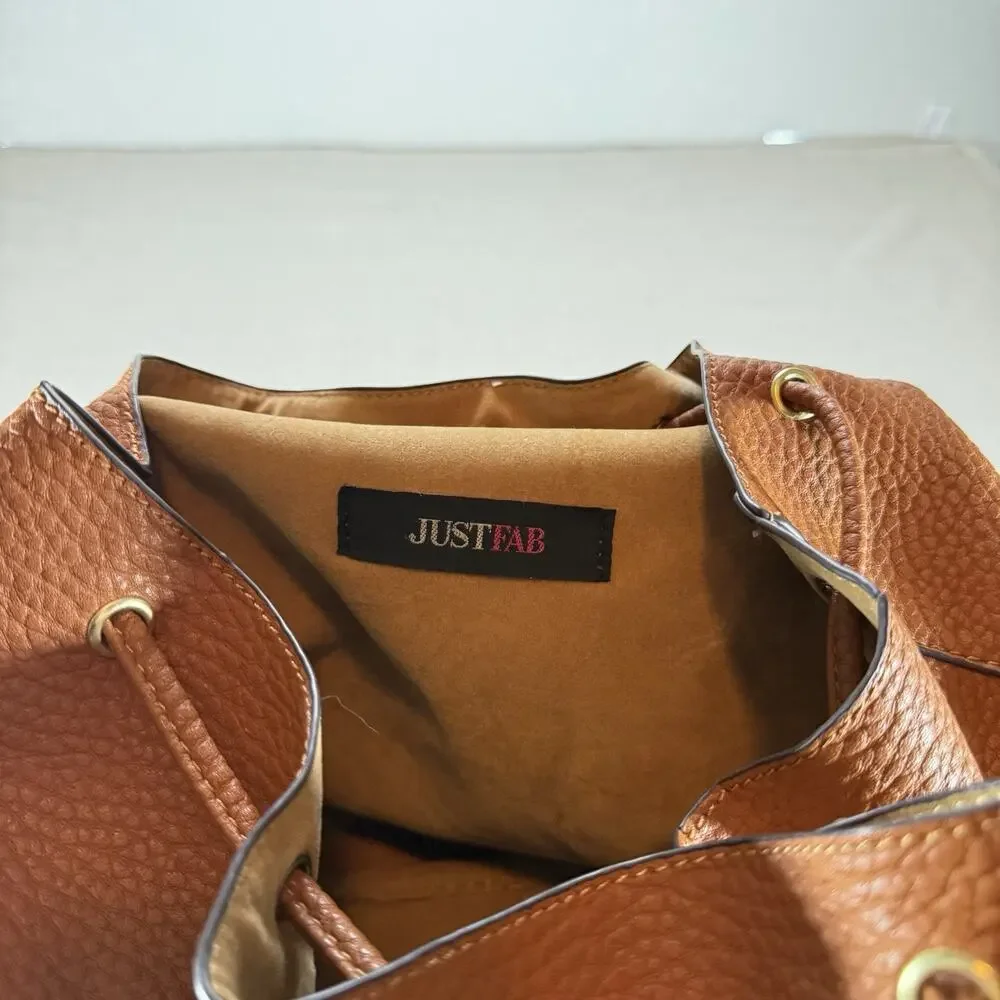 JustFab Brown Faux Leather Mini Backpack Purse Drawstring Flap Buckle Pockets